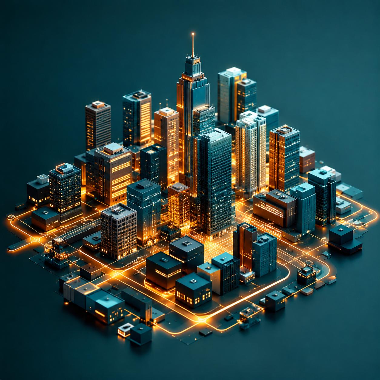 Digital city built from blocks and light paths