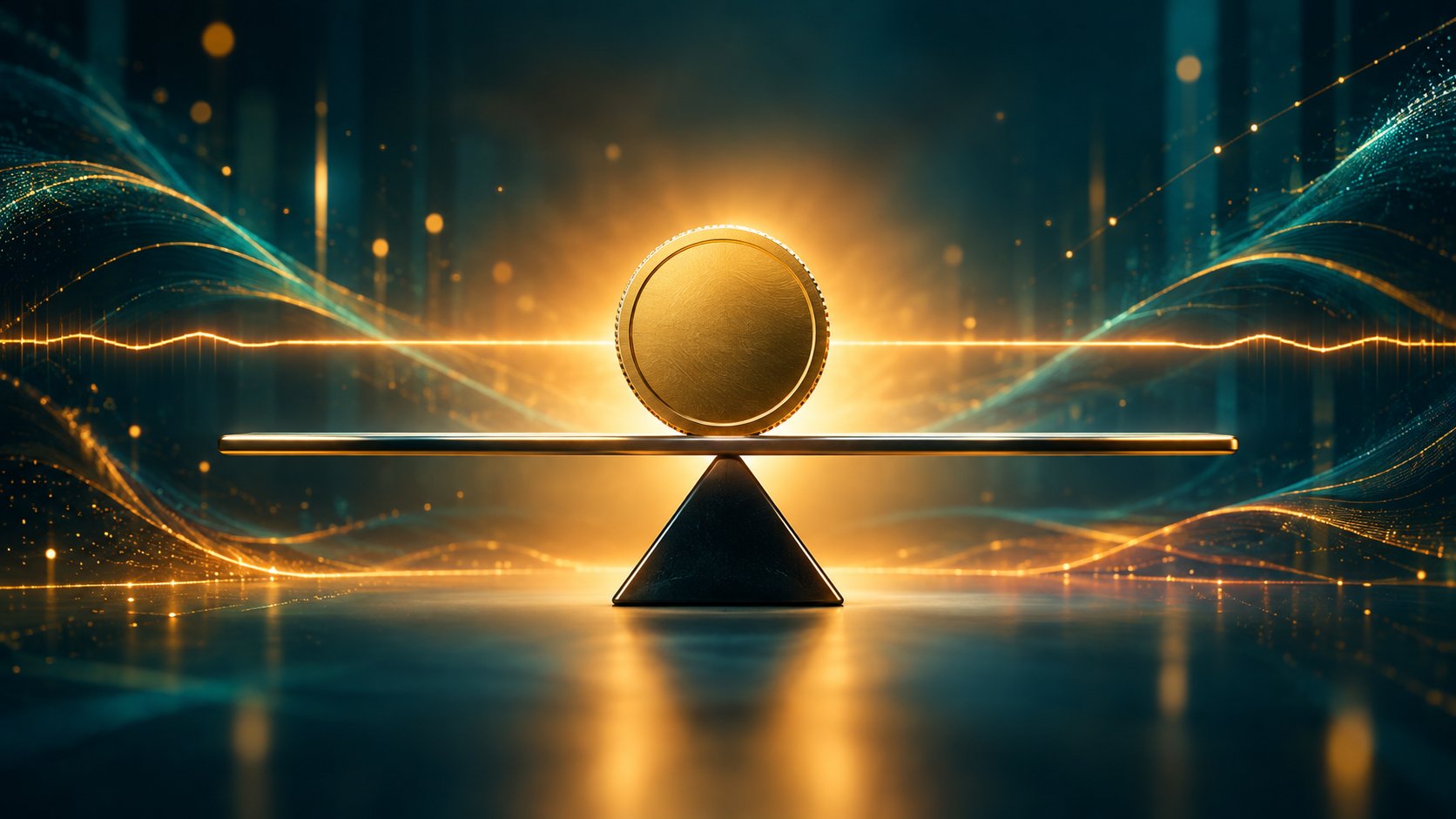 Coin resting perfectly level on a balance beam with a flat price line