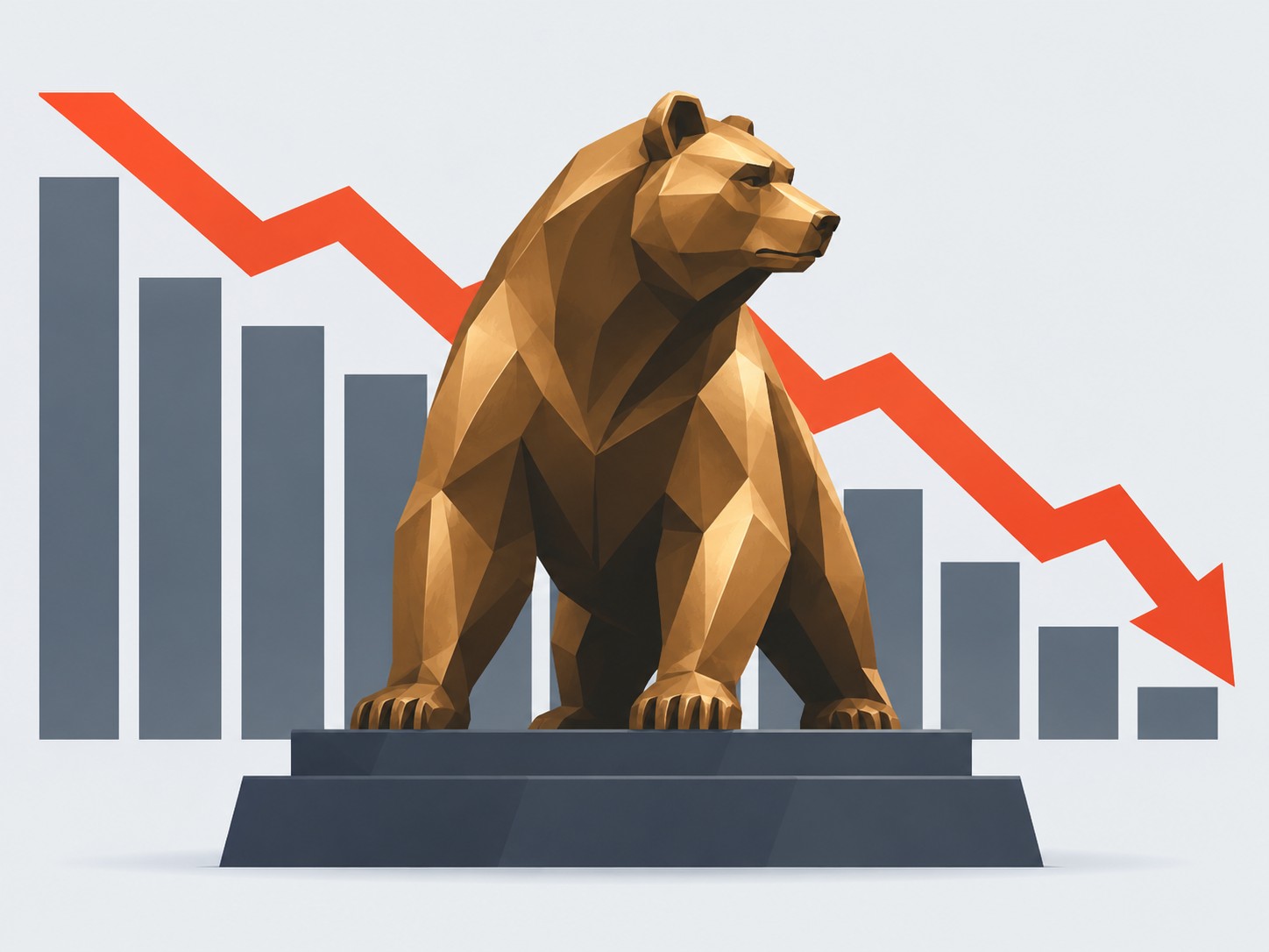 Bronze bear statue with a descending red chart behind it