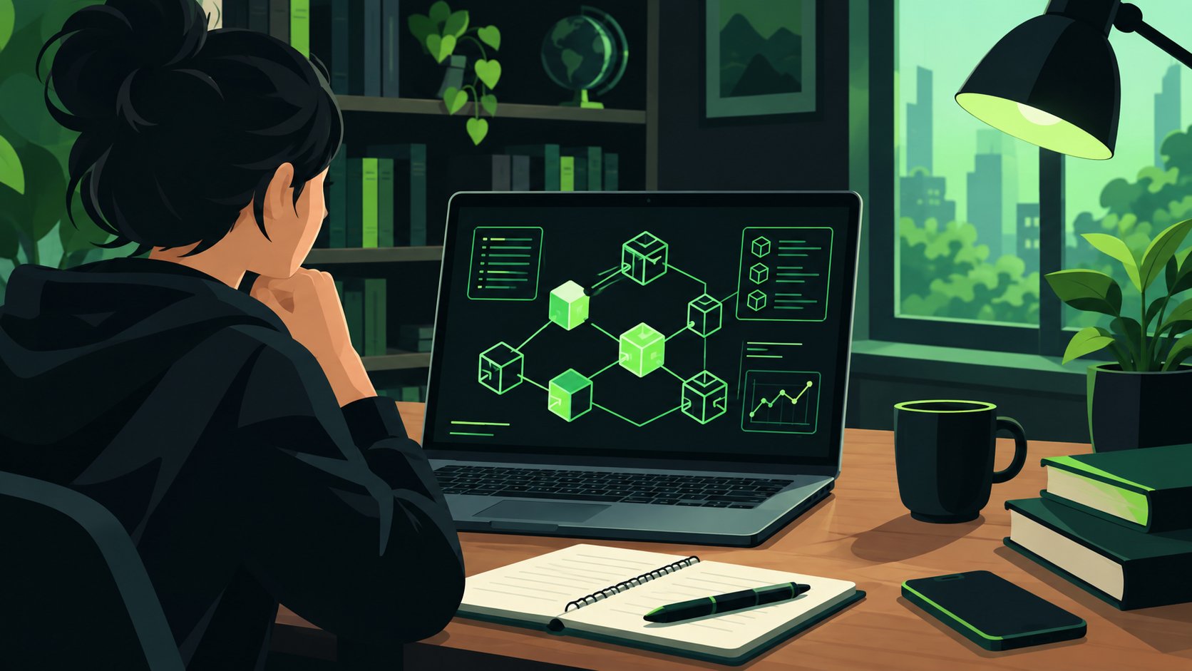 Student laptop showing blockchain diagrams in a cozy study
