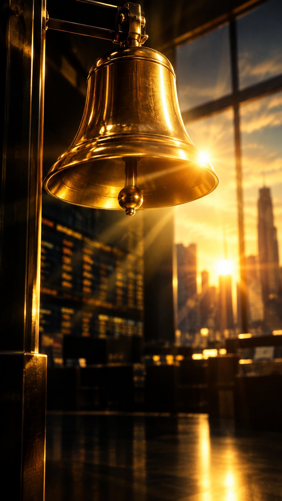 Golden bell with light rays at the moment of market open