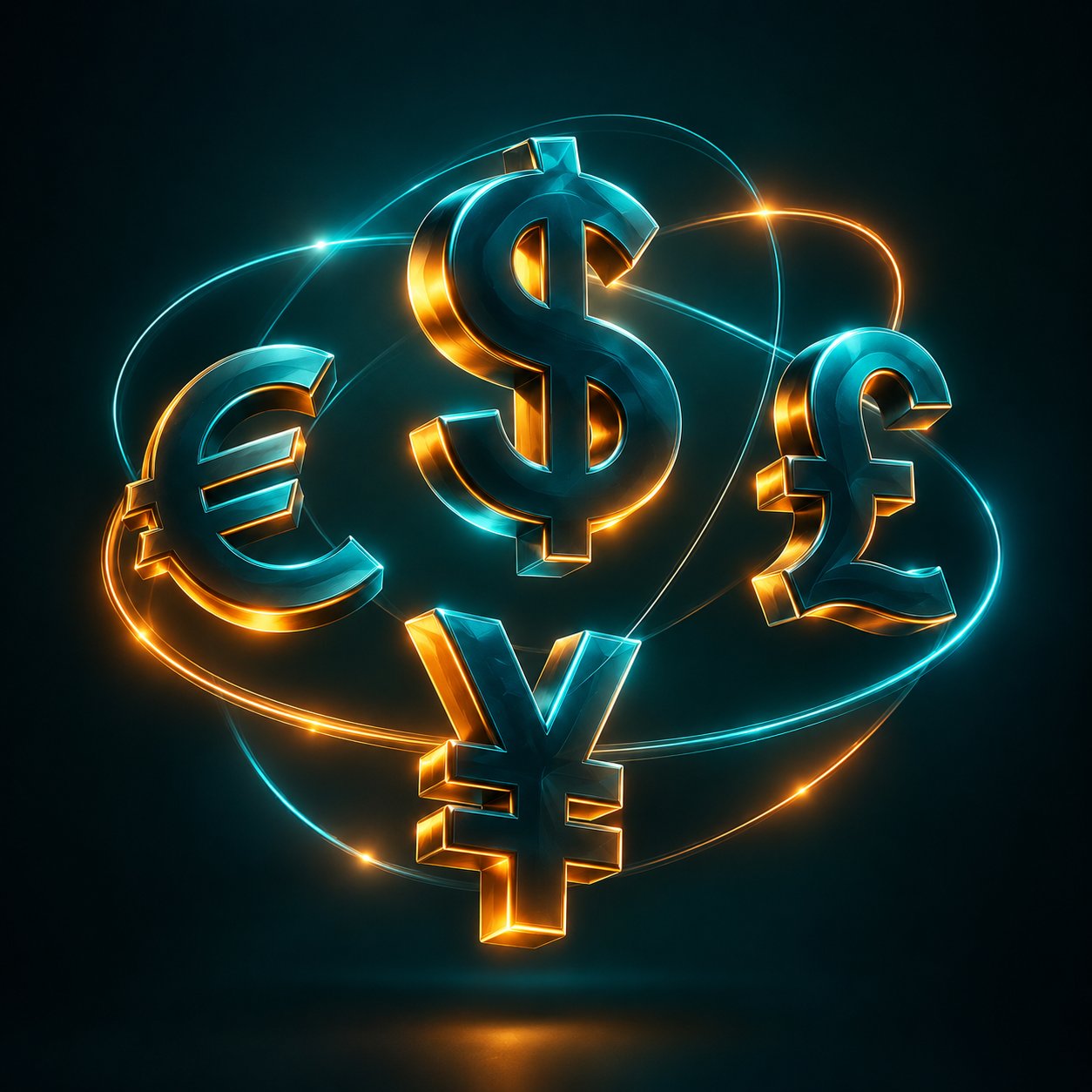 Floating 3d currency symbols of the dollar euro pound and yen orbiting each other